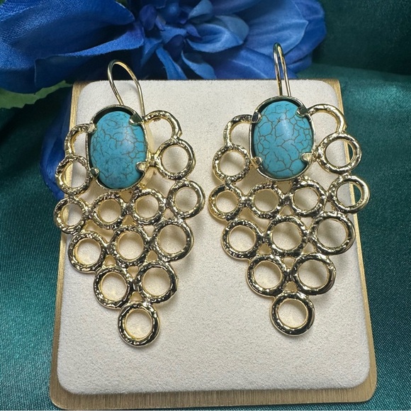 Turquoise Gold Drop Earrings – Handmade Boho Statement Jewelry NWT - Picture 2 of 9